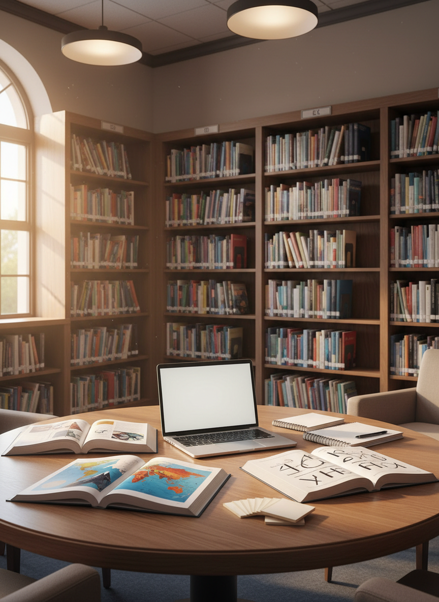 An inviting study corner inside a school library, featuring a sturdy oak table with rounded edges and several open educational books spread out, showing detailed illustrations of geography, math, and language concepts without legible text. A slim laptop with a blank, softly glowing screen sits beside a stack of neatly arranged notebooks and index cards. Behind the table rise tall bookshelves filled with well-organized, colorful spines, some marked by subtle, generic category labels without readable words. Warm, indirect ceiling lights combine with gentle afternoon light from a nearby window, creating a balanced, cozy glow. Photographic realism with an eye-level composition and moderate depth of field, evoking a serious yet welcoming mood ideal for deep study, independent learning, and quiet knowledge exploration.