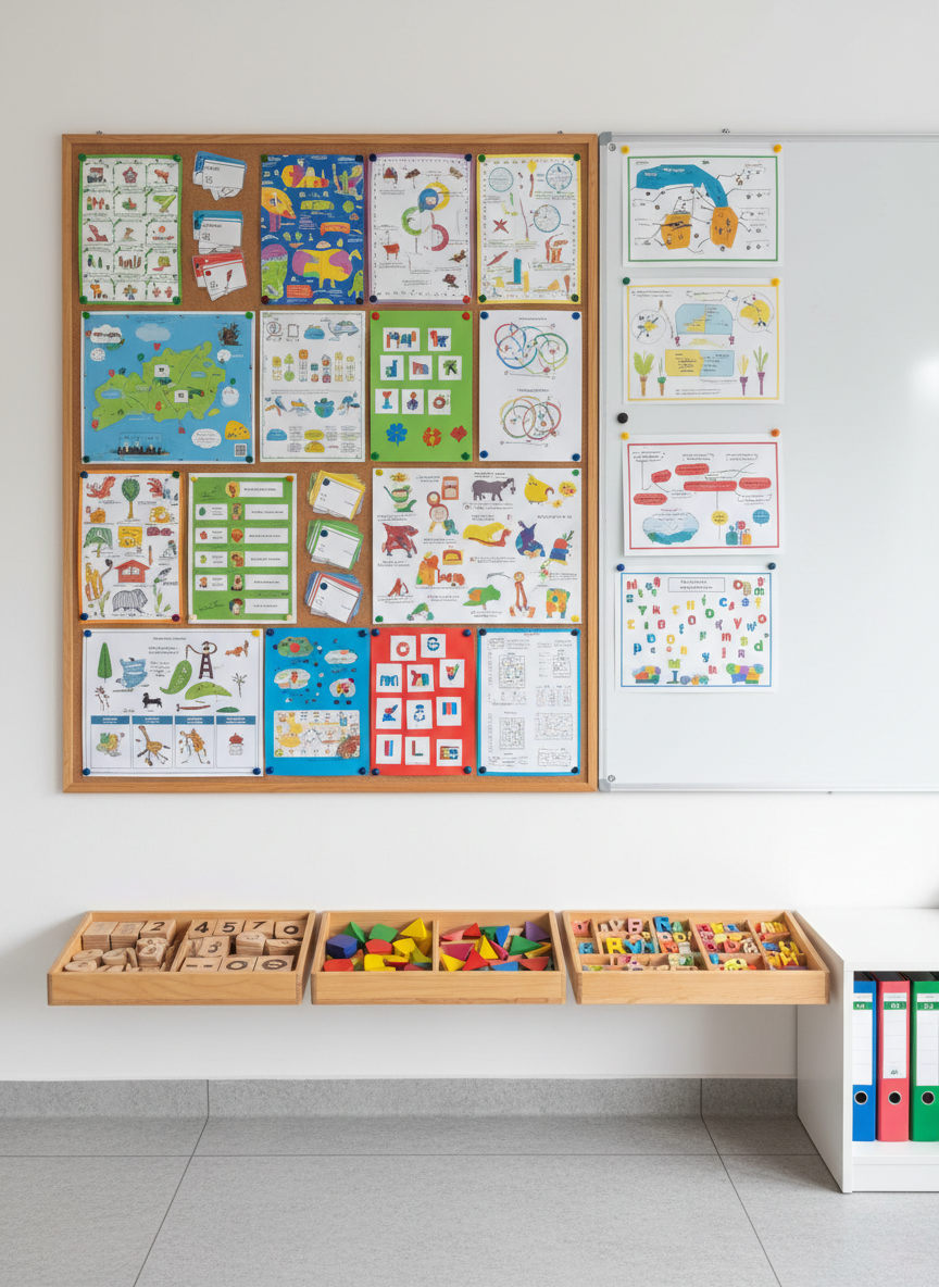 A bright, contemporary classroom wall dedicated to learning materials, photographed straight-on. A large corkboard and adjacent magnetic board are carefully filled with laminated teaching posters, illustrated charts, and color-coded flashcards in Slovenian, all designed so any text is too small to read. Underneath, shallow open trays hold neatly sorted manipulatives like wooden number blocks, geometric shapes, and letter tiles. The floor beneath is spotless linoleum with a subtle pattern, and a low bookshelf to the side displays binders and folders labeled with simple, unreadable markings. Diffused daylight from high windows above the frame casts even light, reducing harsh shadows. The mood is organized, professional, and inspiring, highlighting the practical tools available for both classroom teaching and independent practice, rendered in clean, photographic realism.