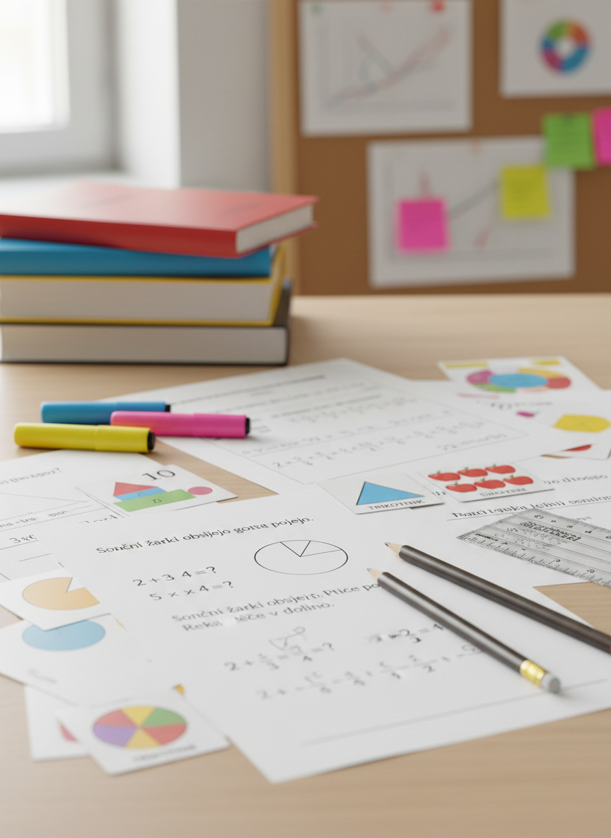 A close-up, photographic view of a light wooden desk covered with various printed worksheets and learning cards in Slovenian, each showing simple diagrams, math problems, and short reading passages without any visible brand names or logos. Highlighters, smooth graphite pencils, and a transparent ruler lie scattered in a naturally used but tidy arrangement. In the background, slightly out of focus, stand stacked textbooks with color-coded spines and a softly blurred corkboard filled with generic, text-free diagrams and colorful sticky notes. Soft overcast daylight from a nearby window creates diffused, shadowless lighting, producing a calm and studious atmosphere. Shot from a slightly elevated angle with a shallow depth of field to emphasize the teaching materials, conveying an organized, professional, and practical learning environment.